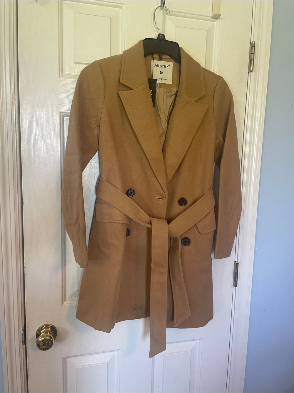 Allegra K Women's Camel Double-Breasted Belted Trench